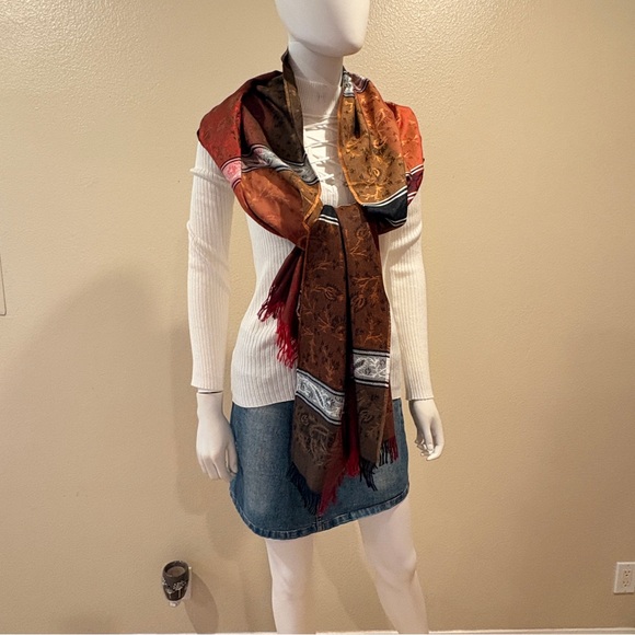 Silky Scarf Wrap Shawl Earthy Warm Tones Brown Burgundy Made In France Luxury - Picture 5 of 12